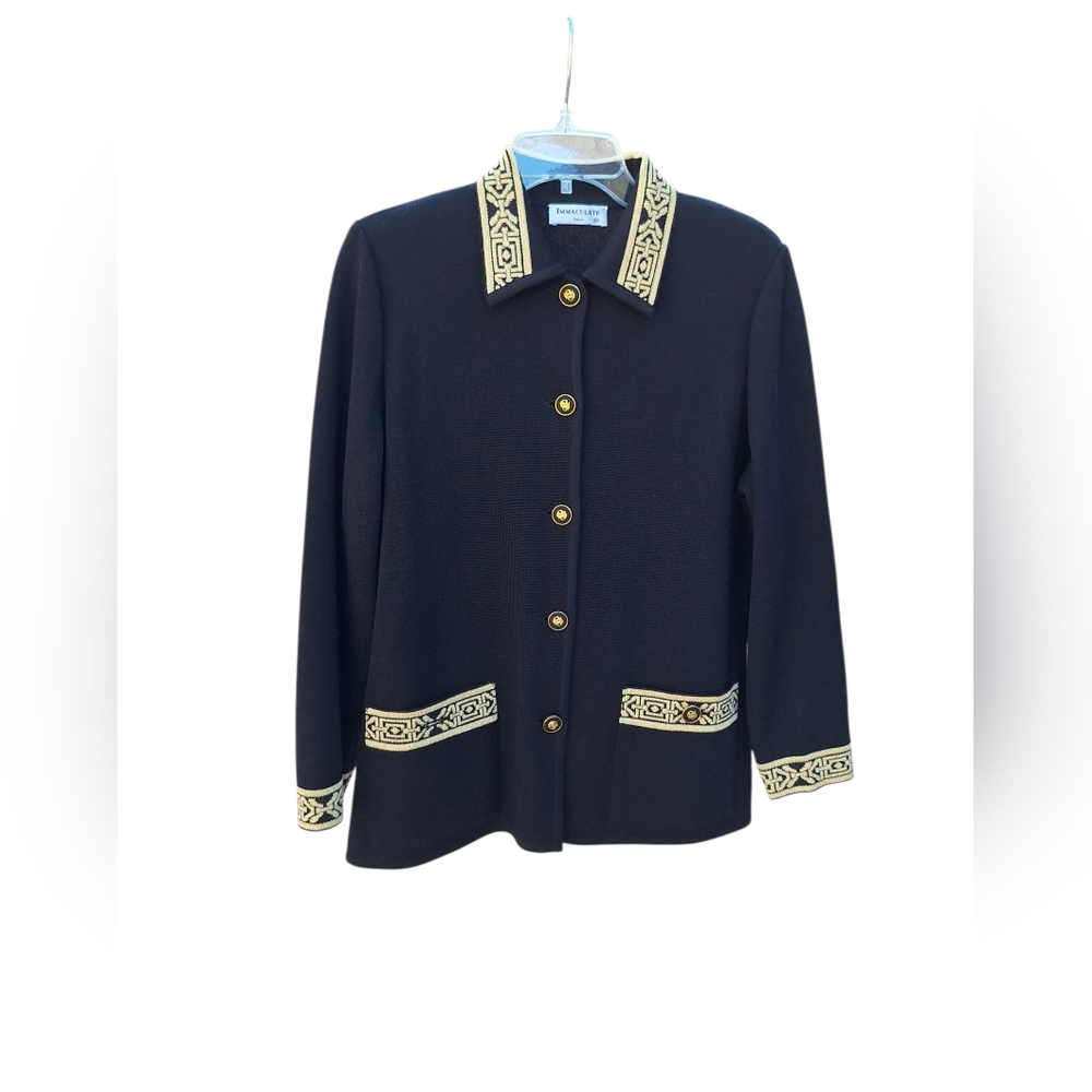 Vintage Wool Cardigan Sweater Jacket Embellished Old Money Womens M Black NEW